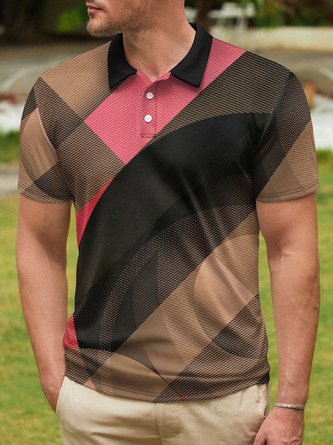 Abstract Geometric Stripe Button Short Sleeve Polo Shirt