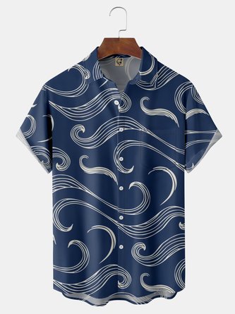 Japanese Wave Pattern Chest Pocket Short Sleeve Casual Shirt