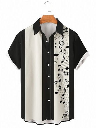 Big Size Music Notes Chest Pocket Short Sleeve Bowling Shirt