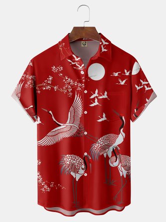 Japanese Crane Chest Pocket Short Sleeve Casual Shirt