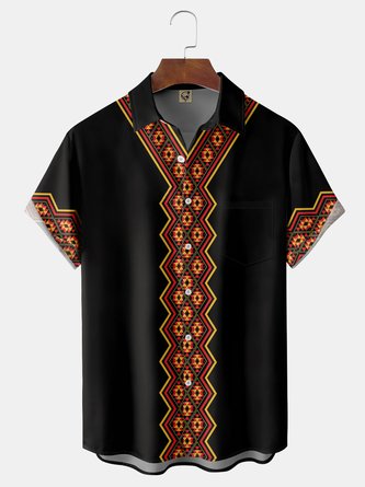 Folk Pattern Chest Pocket Short Sleeve Casual Shirt