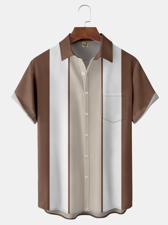 Geometric Stripe Chest Pocket Short Sleeve Bowling Shirt