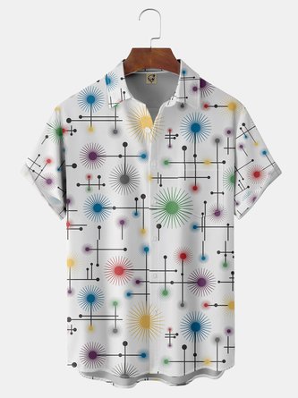Mid Century Geometric Lines Chest Pocket Short Sleeve Shirt