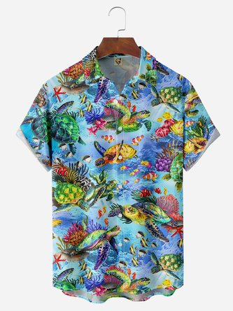Sea Turtle Chest Pocket Short Sleeve Hawaiian Shirt