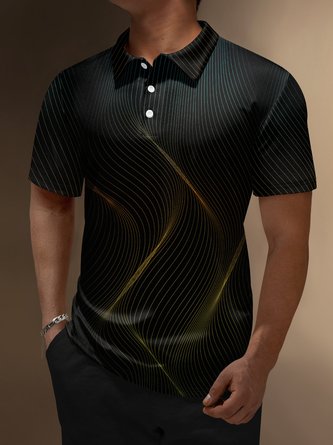 3D Abstract Black Gold Geometric Button Short Sleeve Polo Shirt