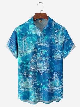 Sailing Boat Chest Pocket Short Sleeves Hawaiian Shirts
