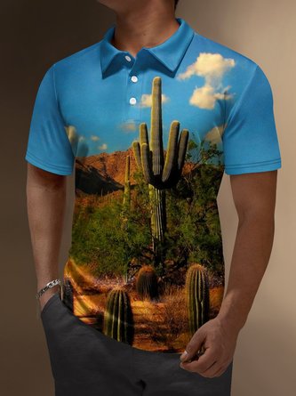 Cactus Landscape Button Short Sleeve Polo Shirt