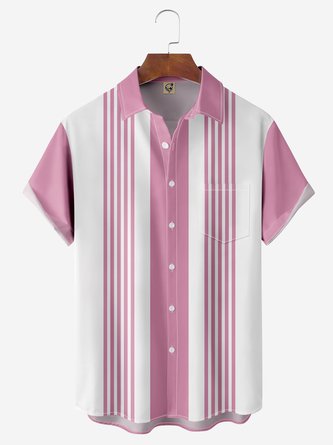 Striped Chest Pocket Short Sleeves Bowling Shirt