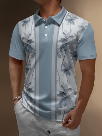 Coconut Tree Button Short Sleeve Bowling Polo Shirt