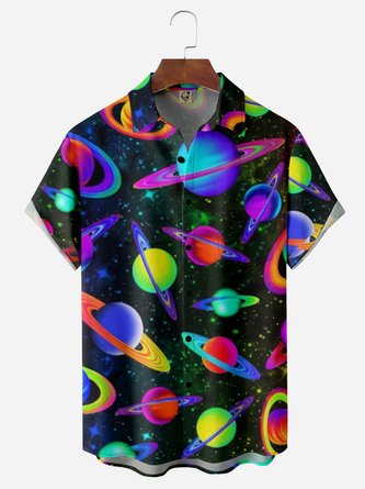 Galaxy Planets Chest Pocket Short Sleeve Casual Shirt