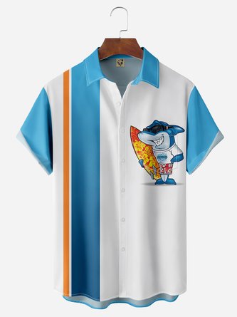 Cartoon Shark Chest Pocket Short Sleeve Bowling Shirt