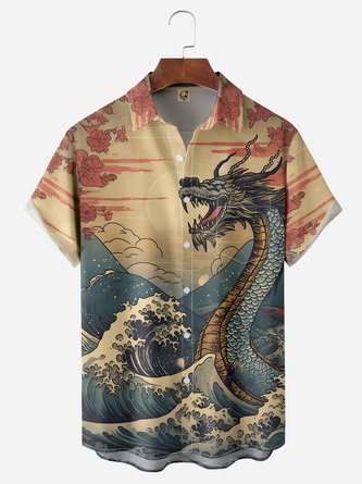 Ukiyo-e Dragon Chest Pocket Short Sleeve Hawaiian Shirt