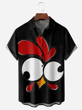 Cartoon Chicken Chest Pocket Short Sleeve Casual Shirt