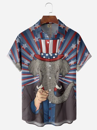 Flag Elephant Chest Pocket Short Sleeves Casual Shirt
