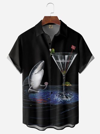 Cocktail Shark Chest Pocket Short Sleeve Hawaiian Shirt
