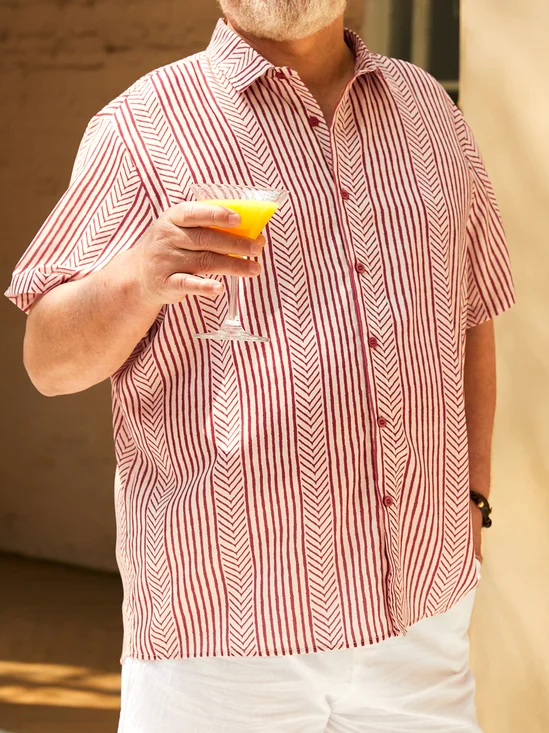 Big Size Retro Striped Chest Pocket Short Sleeve Shirt