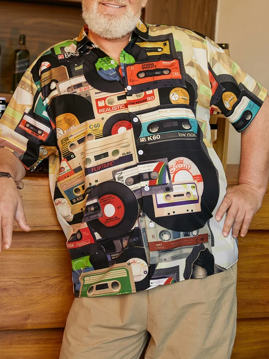 Big Size Music Records Chest Pocket Short Sleeve Hawaiian Shirt