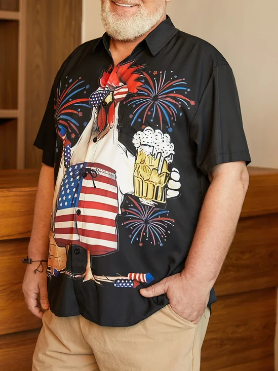 Big Size American Flag Rooster Chest Pocket Short Sleeve Shirt