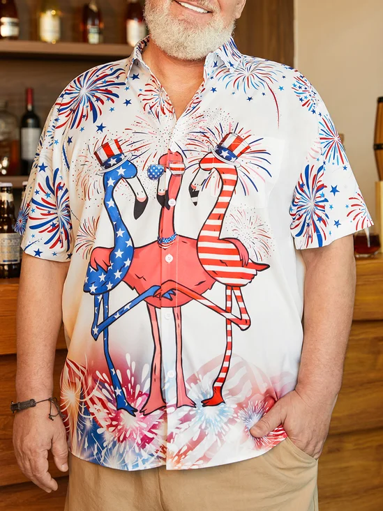 Big Size Indepndence Day Flag Flamingo Chest Pocket Shirt