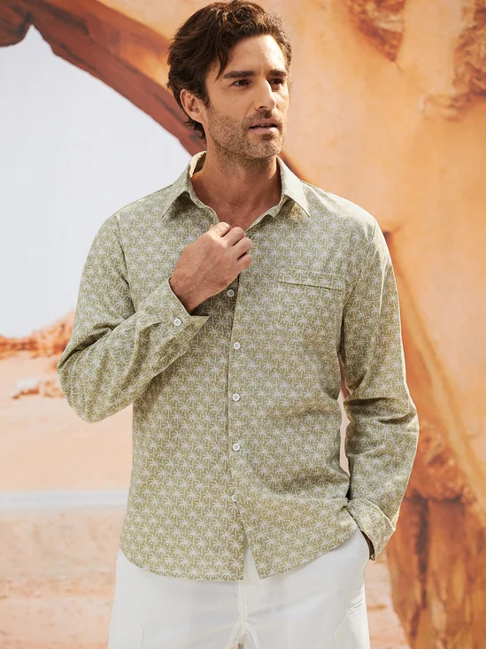 Cotton Palm Tree Long Sleeve Resort Shirt