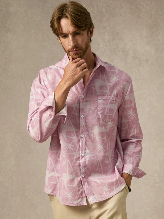 Mid-century Geometry Chest Pocket Long Sleeve Casual Shirt
