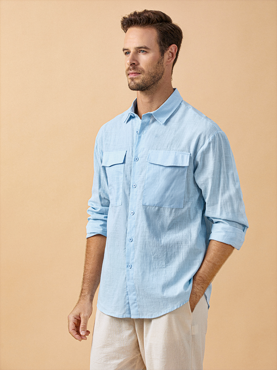 Cotton Linen Plain Chest Pocket Long Sleeve Casual Shirt