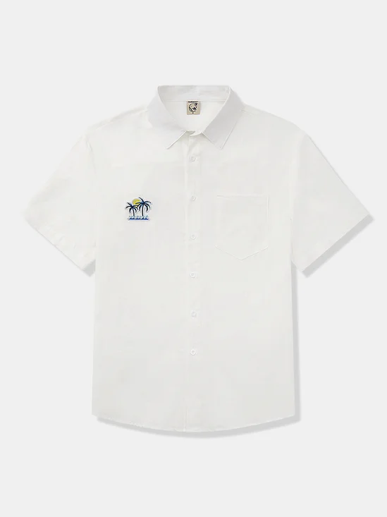Cotton Coconut Tree Embroidery Short Sleeve Casual Shirt