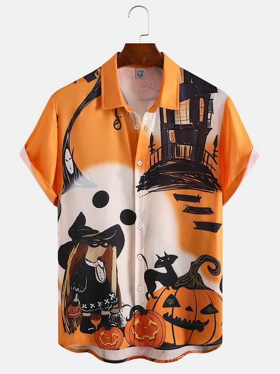 Cotton Linen Halloween Print Casual Short Sleeve Shirt