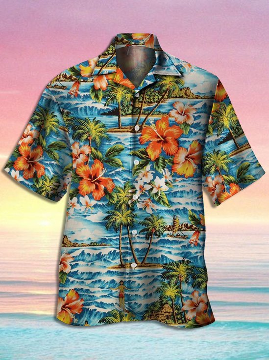Mens Hawaiian Wonderland Print Lapel Loose Short Sleeve Funky Aloha Shirts