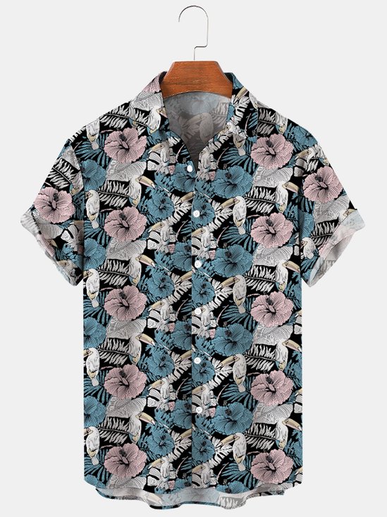 Casual Floral Lapel Cotton Blends Short Sleeve Shirt