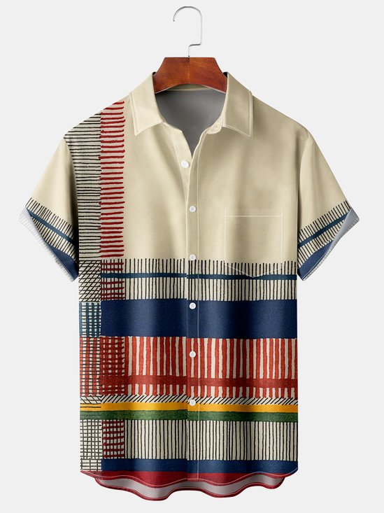 Mens Retro Classic Striped Print Lapel Chest Pocket Short Sleeve Hawaiian Shirts