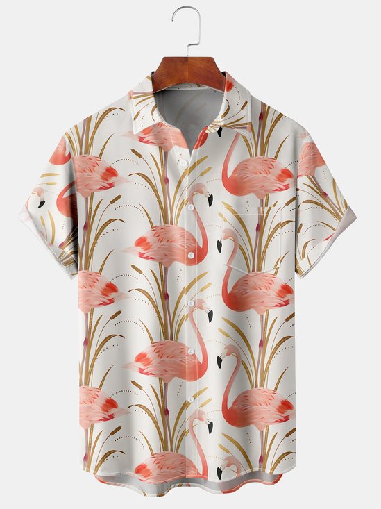 Mens Flamingo Print Lapel Loose Chest Pocket Short Sleeve Funky Aloha Shirts