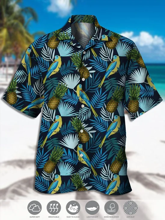 Men's Parrot Print Casual Moisture-Breathable Fabric Hawaiian Short Sleeve Shirt