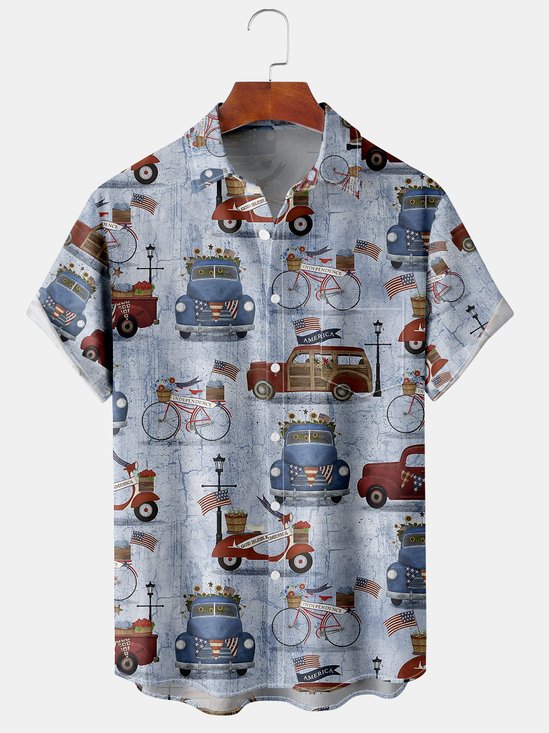 Mens Retro American Print Lapel Chest Pocket Short Sleeve Hawaiian Shirts