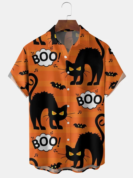 Mens Funky Halloween Cats Print Front Buttons Soft Breathable Chest Pocket Casual Hawaiian Shirts