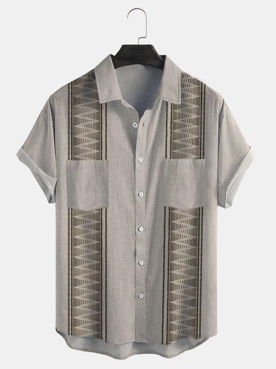 Cotton Linen Geometric Print Casual Short Sleeve Shirt