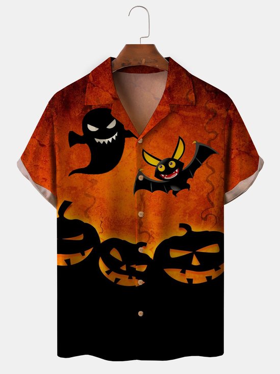 Men's Halloween Printed Casual Fabric Lapel Short Sleeve Hawaiian Shirt