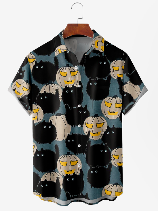 Men's Pumpkin Cat Print Wrinkle Resistant Moisture Wicking Fabric Lapel Short Sleeve Hawaiian Shirt