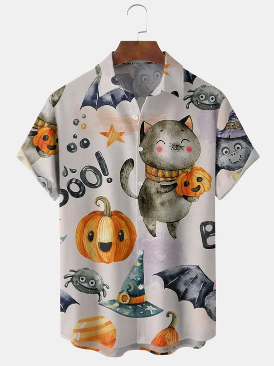 Mens Funky Halloween Print Front Buttons Soft Breathable Chest Pocket Casual Aloha Shirts