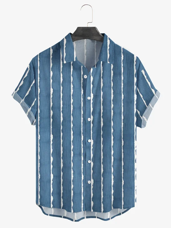 Cotton and linen style American casual basic all-match geometric striped linen shirt
