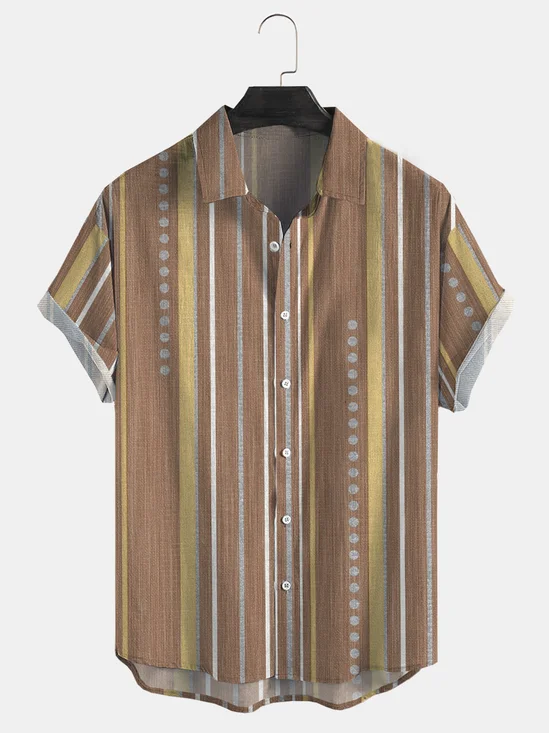 Cotton and linen style American casual basic all-match geometric striped linen shirt