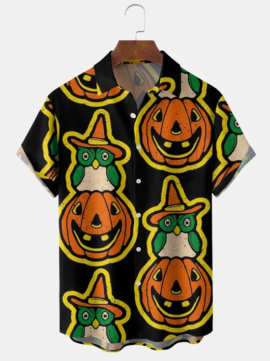 Mens Funky Halloween Pumpkin Print Front Buttons Soft Breathable Chest Pocket Casual Hawaiian Shirts