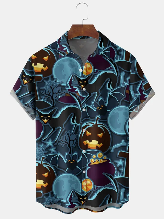 Men's Halloween Pumpkin Cat Element Graphic Print Short Sleeve Shirt