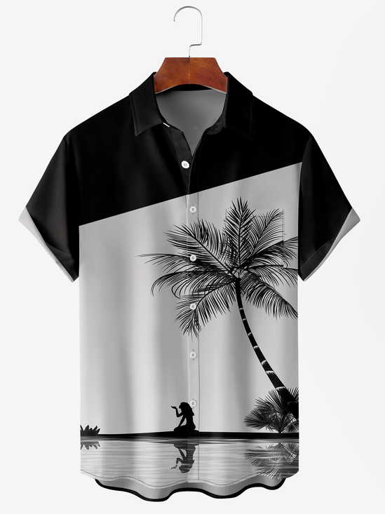 Men's Ocean Coconut Print Anti-Wrinkle Moisture Wicking Fabric Fashion Hawaiian Lapel Short Sleeve Shirts