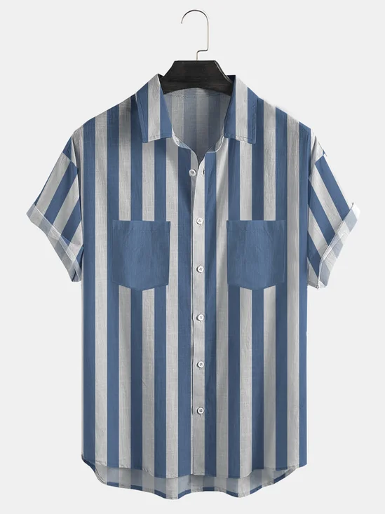Cotton Linen Striped Casual Short Sleeve Shirt