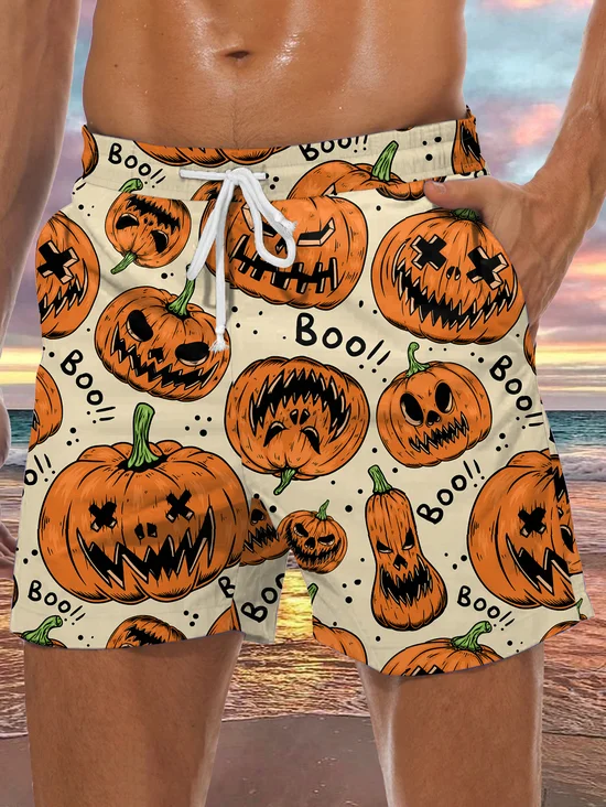 Men's Halloween Pumpkin Element Graphic Print Casual Vacation Beach Shorts