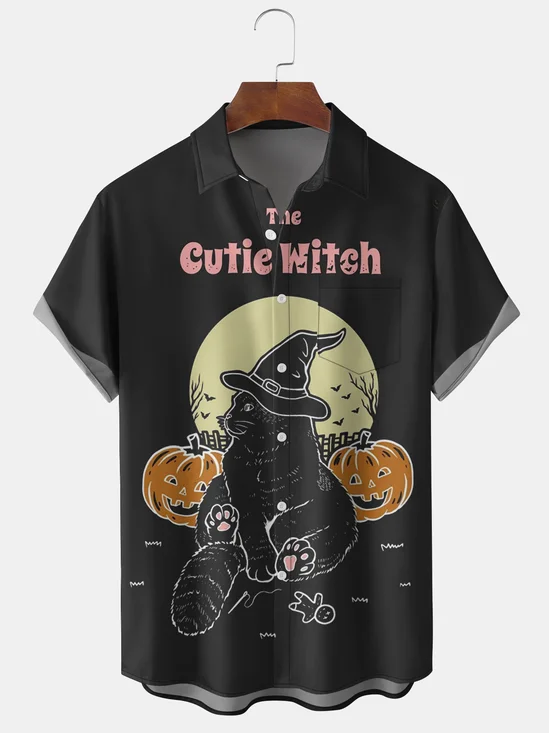 Men's Halloween Elements Cat Graphic Print Short Sleeve Shirt