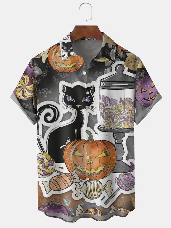 Men's Halloween Elements Cat Pumpkin Graphic Print Short Sleeve Shirt