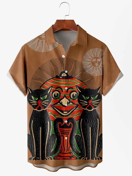 Men's Halloween Cat Print Moisture Wicking Fabric Fashion Lapel Short Sleeve Shirts