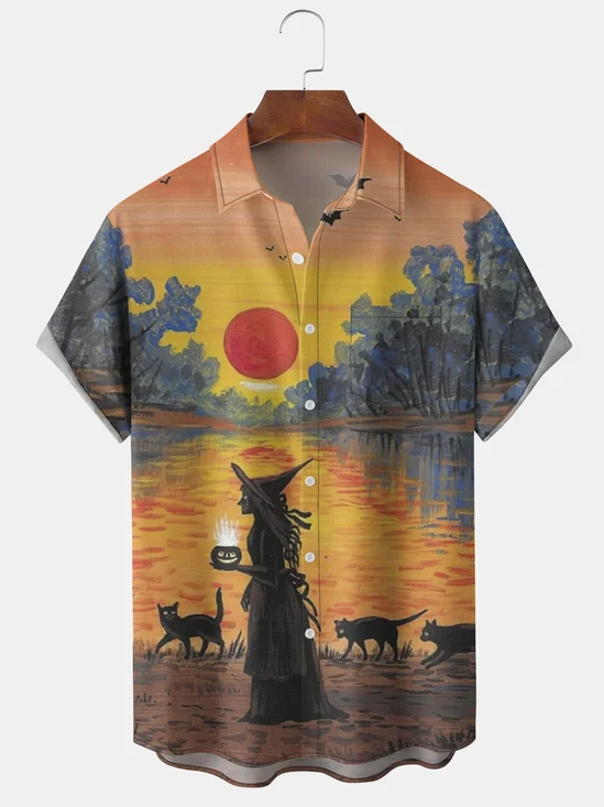 Men's Halloween Print Short Sleeve Hawaiian Shirt with Chest Pocket